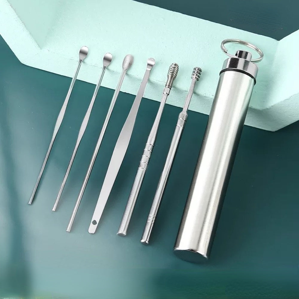 Stainless Steel Ear Cleaning Kit | 6-in-1 Reusable Ear Spoon Set