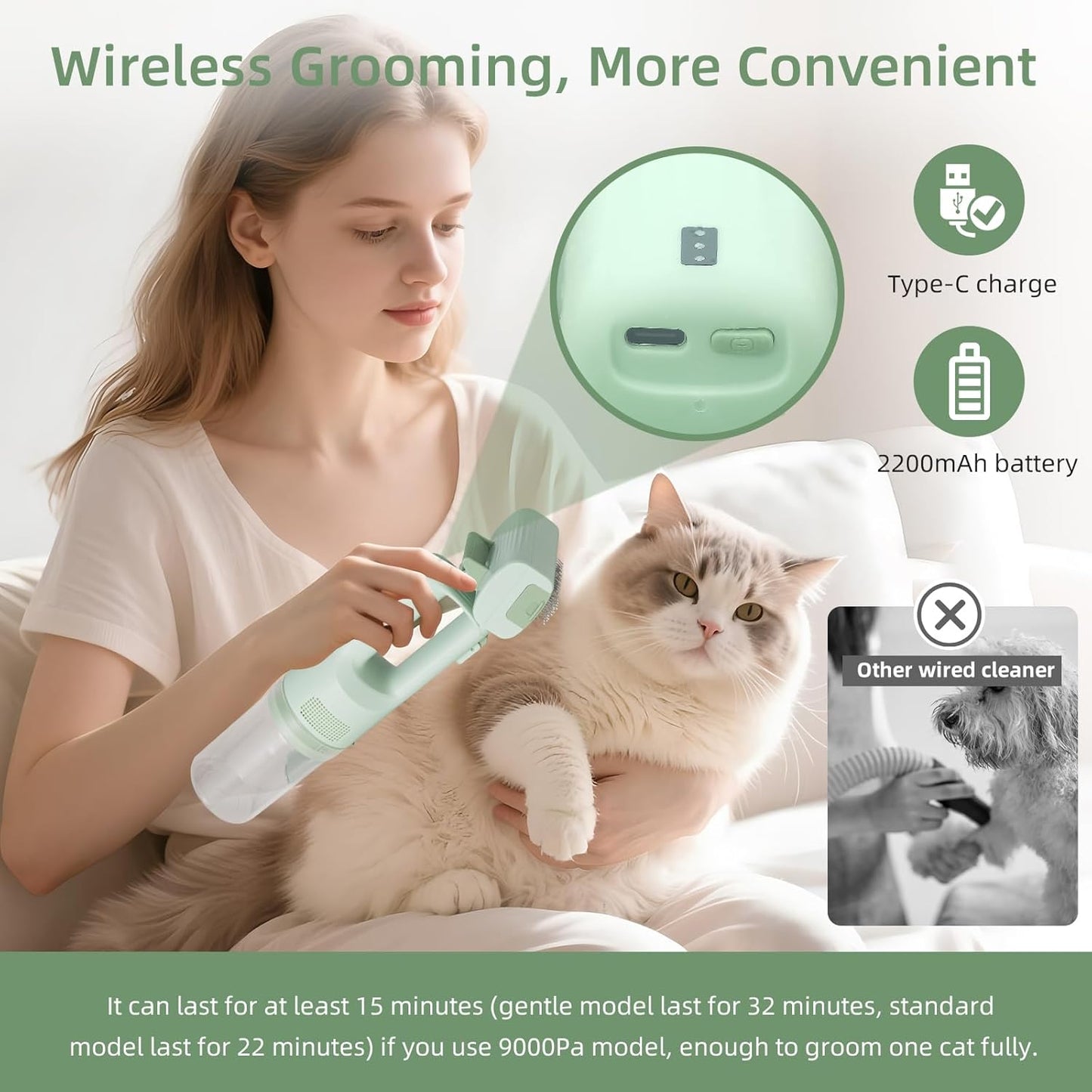 Wireless Pet Grooming Vacuum Brush | Rechargeable Cat & Dog Hair Cleaner